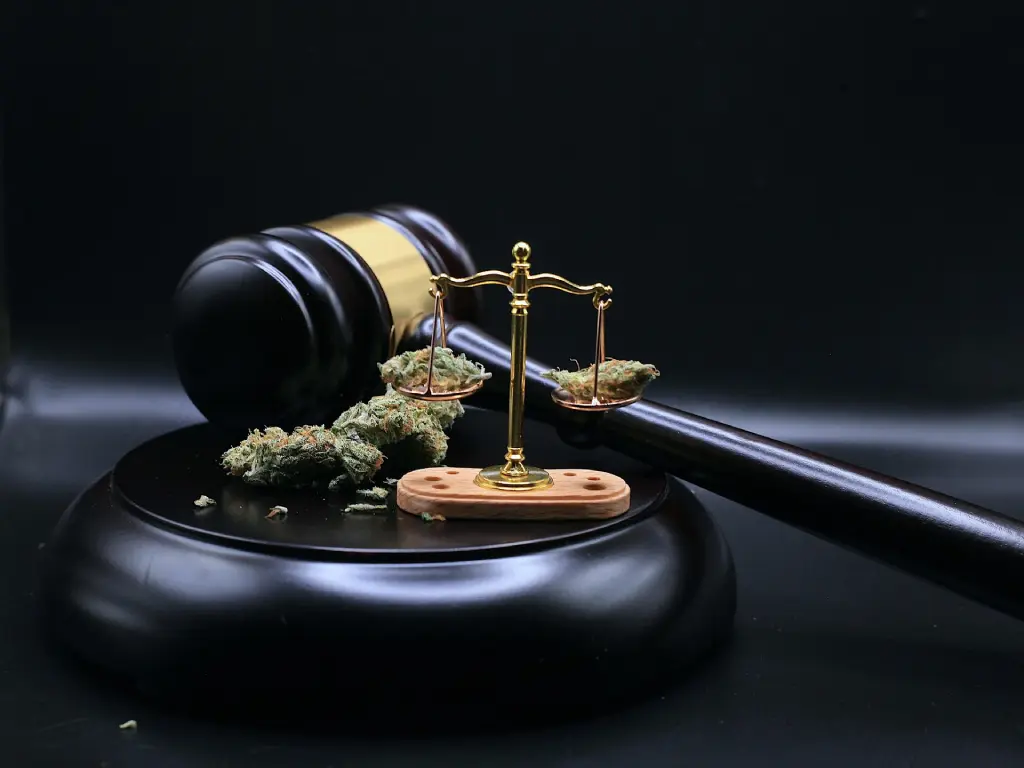 Mazo y balanza con hojas de marihuana alegórico a la legalización